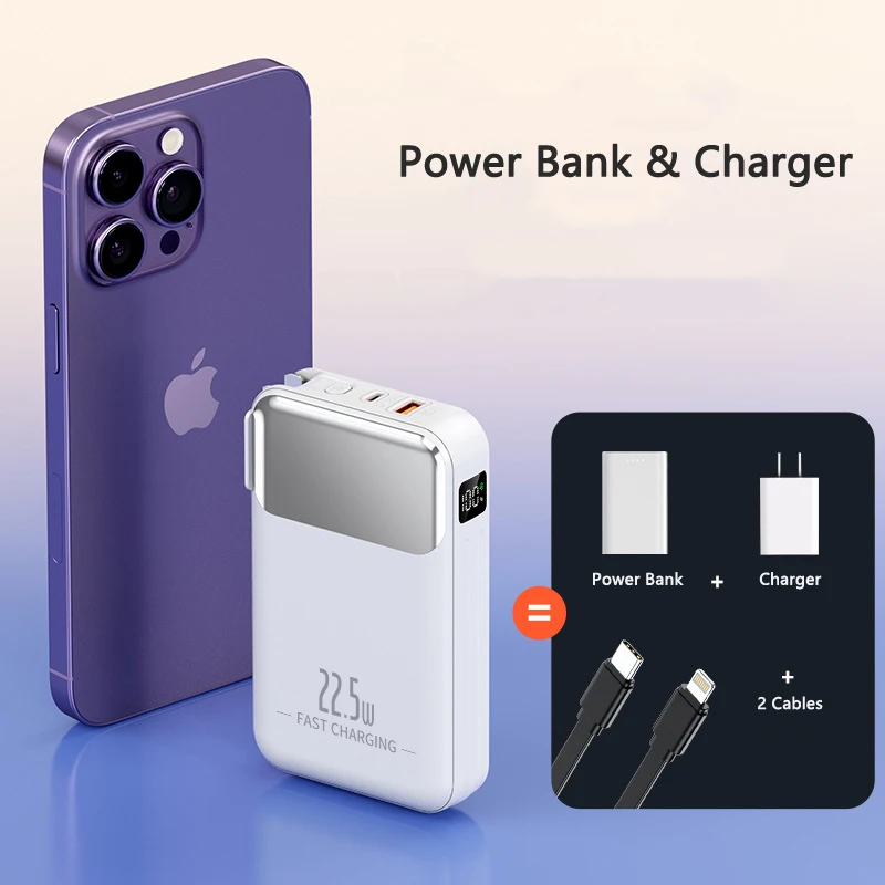 20W Power Bank 20000mAh Fast Charging Portable Powerbank with Cables External Battery for Samsung iPhone 15 13 12 Mini Poverbank