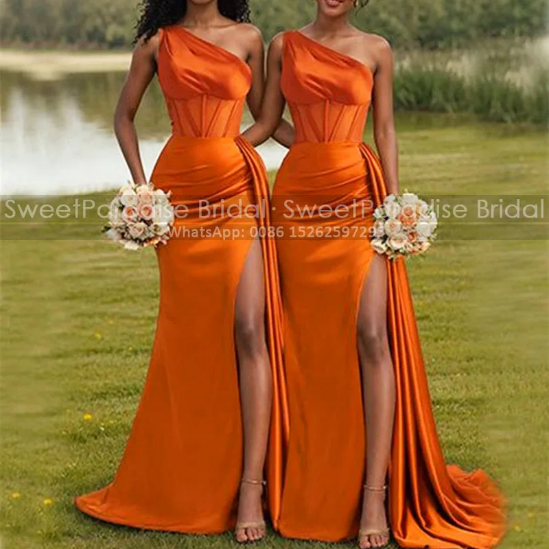 Customized High Slit Mermaid Bridesmaid Dresses With Waistline Cap One Shoulder Orange Long Trumpet Party Dress Wedding Guest