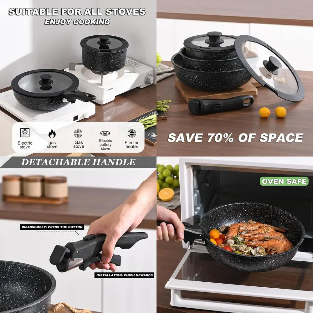 

Nonstick Detachable Handle Cookware, Induction Compatible, Oven & Dishwasher Safe, Removable Handle Set