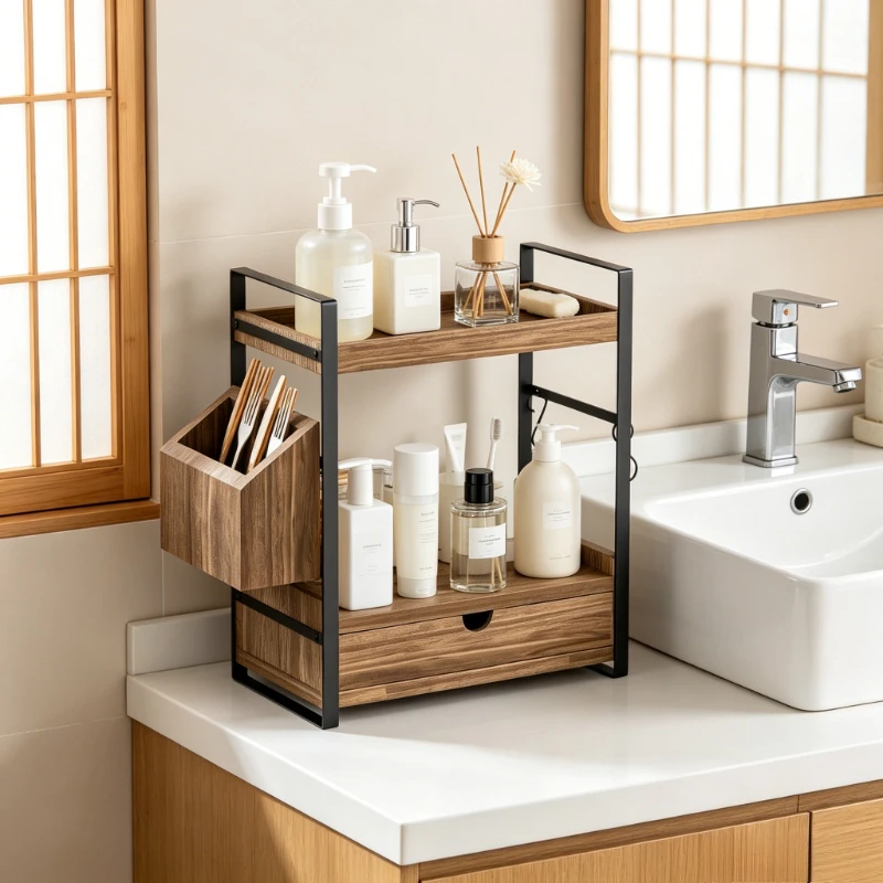 Wooden Desktop Storage Holders Multi-functional Skin Storage Bathroom Rack Kitchen Seasoning Tableware Storage Rack Organizer