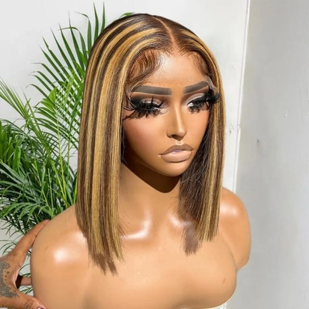 Honey Blonde Highlight 13x4 Lace Front Short Bob Wigs Straight Human Hair Ombre 4/27 Color Lace Frontal Bob Wig Pre Plucked Natural Hairline 230% Density Straight Human Hair Frontal Wig