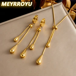 MEYRROYU 316L Stainless Steel Adjustable Water Droplet Tassels Necklace Earrings Women New Golden Fashion Jewelry Set Party Gift