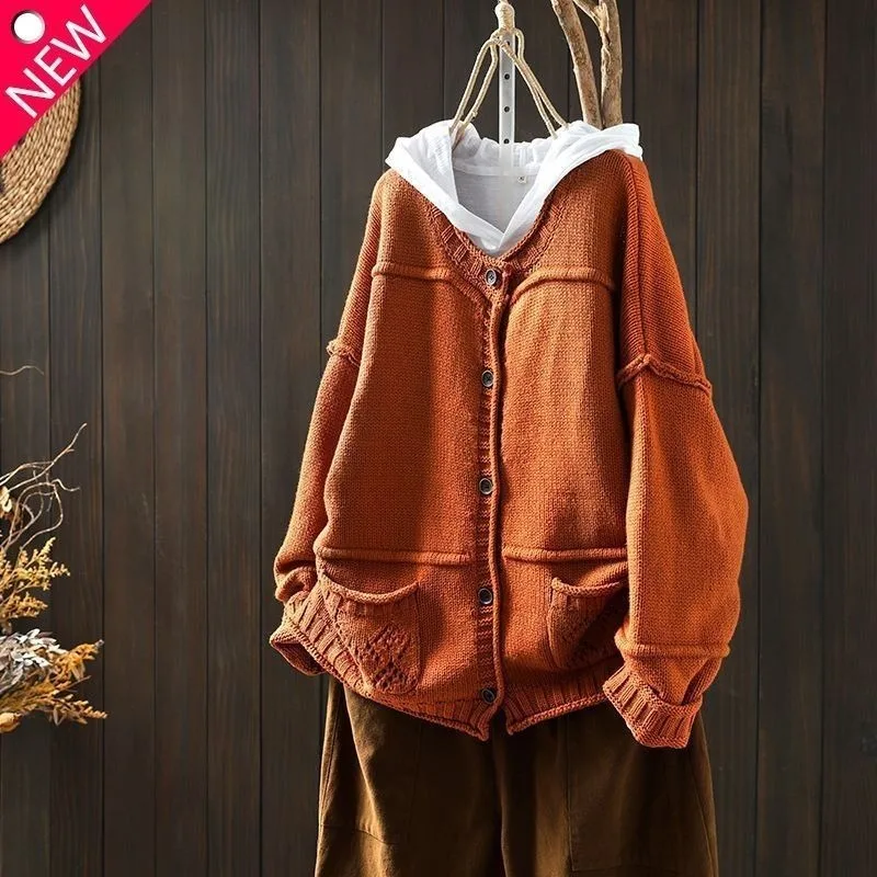 

Retro Distressed Patchwork Sweater Knitted Cardigan Jacket Women's Casual Temperament Long-sleeved Top
