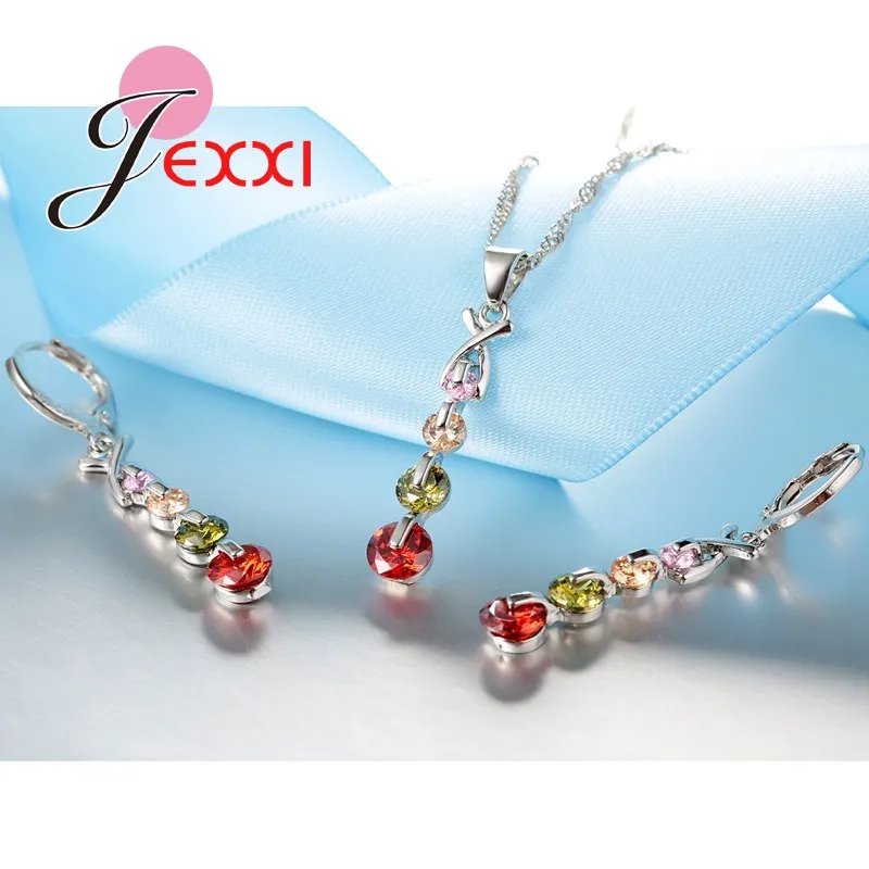 Fashion Genuine 925 Sterling Silver String Colorful CZ Crystal Jewelry Sets Wholesale Necklace Earring Wedding Bridal Engagement