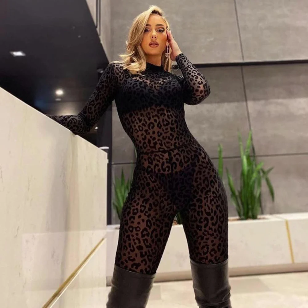 Leopard Print Mesh Bodystocking Leopard See Through Velour Long Sleeve Rompers Womens Jumpsuit Sexy Midnight Clubwear