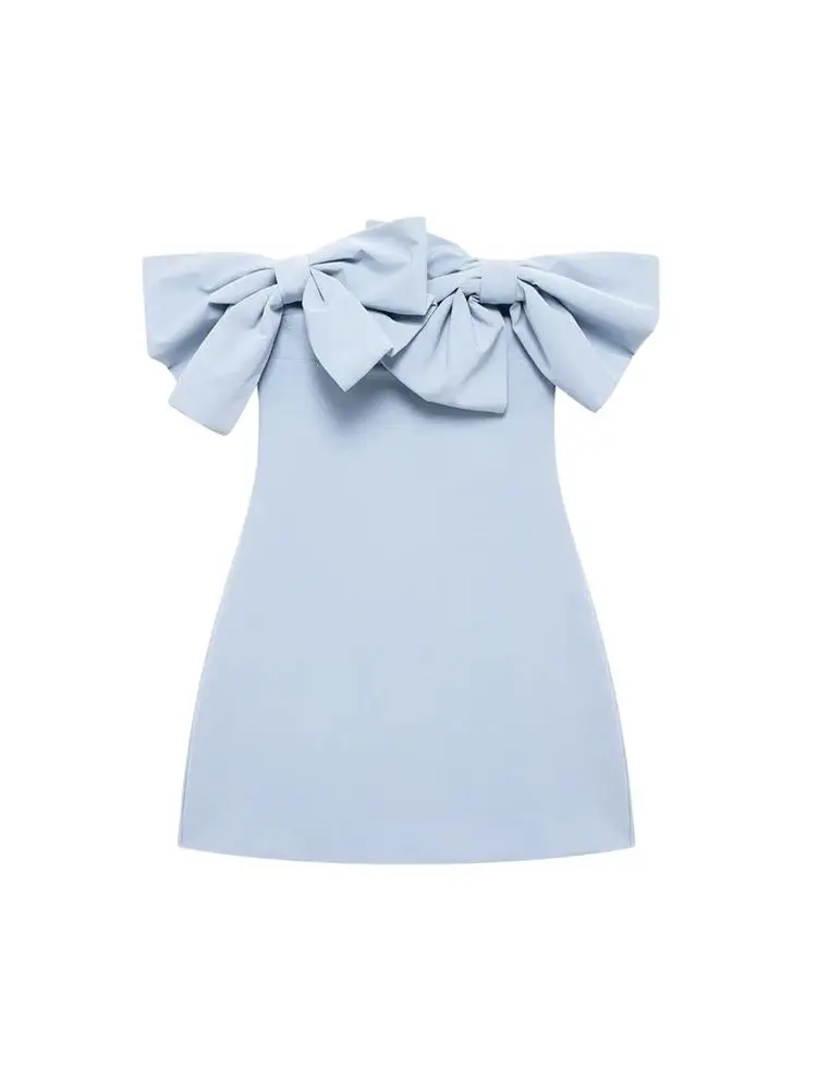 TRZA-Strapless Mini Dress with Bows for Women, Off the Shoulder, Straight Neck, Back Zipper, Female Dresses, Sexy Fashion