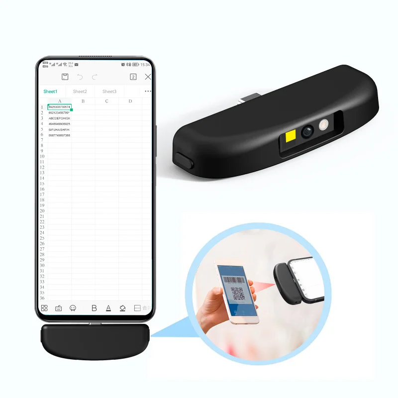 Type C Interface Phone Mate Barcode Scanner Black Stock All 1D 2D Bar Code and Screen Code 32 Bit CMOS