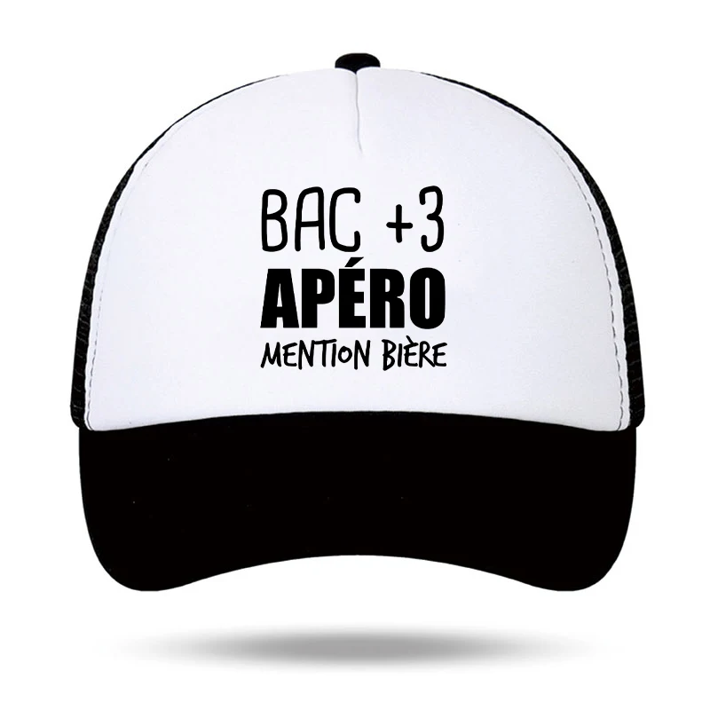 Bac +3 APERO Mention Biere Print Foam Trucker Cap Woman Man Outdoor Summer Mesh Fisherman Cap Girl Boy UV Protection Ball Caps