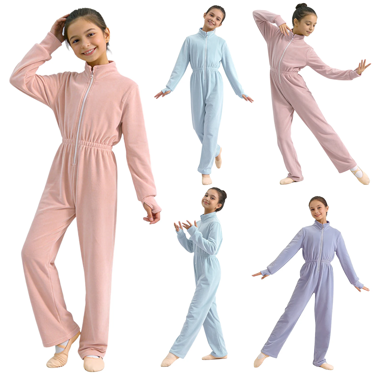 

Kids Girls Fleece Jumpsuit Stand Collar Long Sleeves Thumbholes Elastic Waist Bodysuit for Dance Practice Home Casual Wear