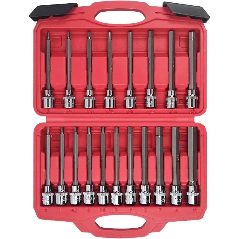 

19-Piece 3/8 Inch Drive Extra Long Allen Hex Bit Socket Set, Standard SAE & Metric (1/8-Inch - 3/8-Inch, 3-12mm), S2 Alloy S