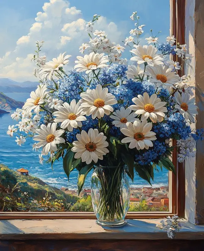 Digitales Diamond Painting nach Zahlen DIY Junge Gänseblümchen-Blumenstrauß Diamantkunst Wanddekoration für Spielzimmer oder Wohnzimmer Geschenk