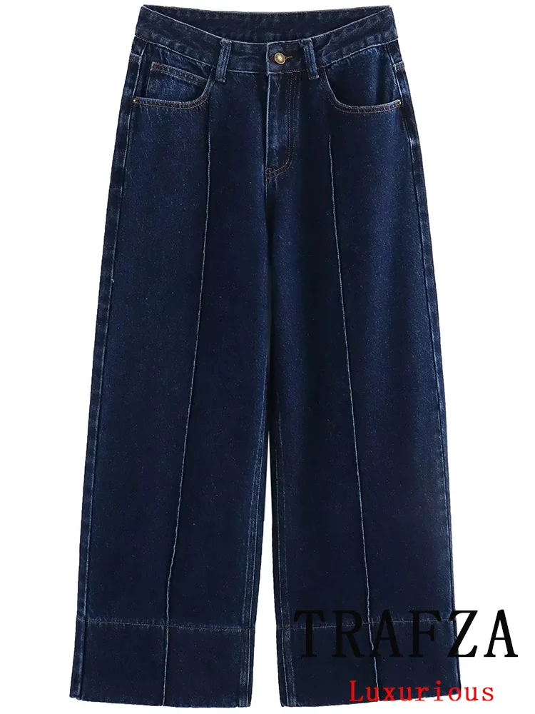 

TRAFZA Vintage Casual Chic Women Denim Pants Straight Button Pockets High-waisted Pants Fashion 2024 Summer Holiday Trousers