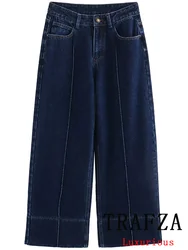 TRAFZA Vintage Casual Chic Women Denim Pants Straight Button Pockets High-waisted Pants Fashion 2024 Summer Holiday Trousers