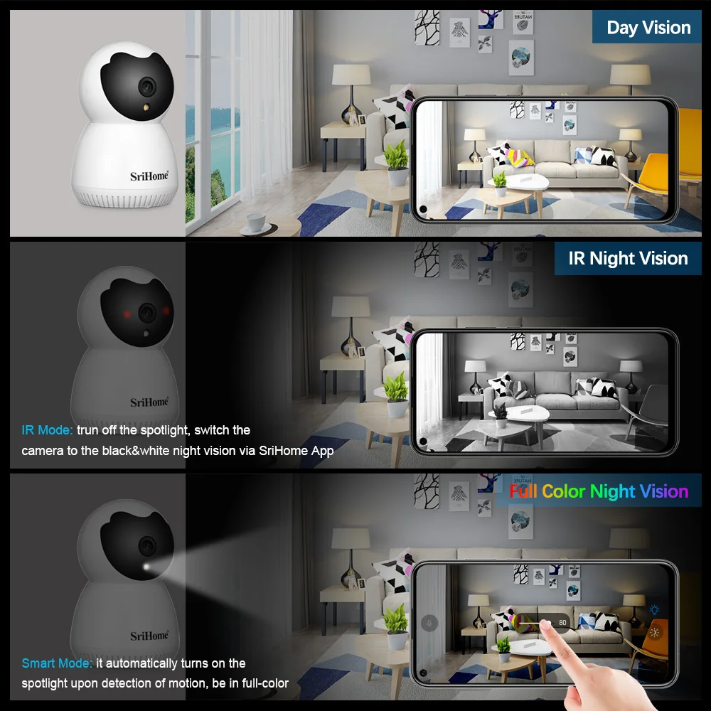 Srihome  SH036 3MP Auto Motion Detection Indoor CCTV WiFi 355° Camera Support Night Color Vision Network Camera