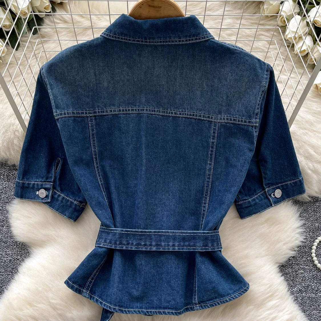 Women New Denim Short Shirt With Belt Summer Hong Kong Style Retro Waist Tight Fit Collar Short Sleeve Bright Thread Cowbody Top