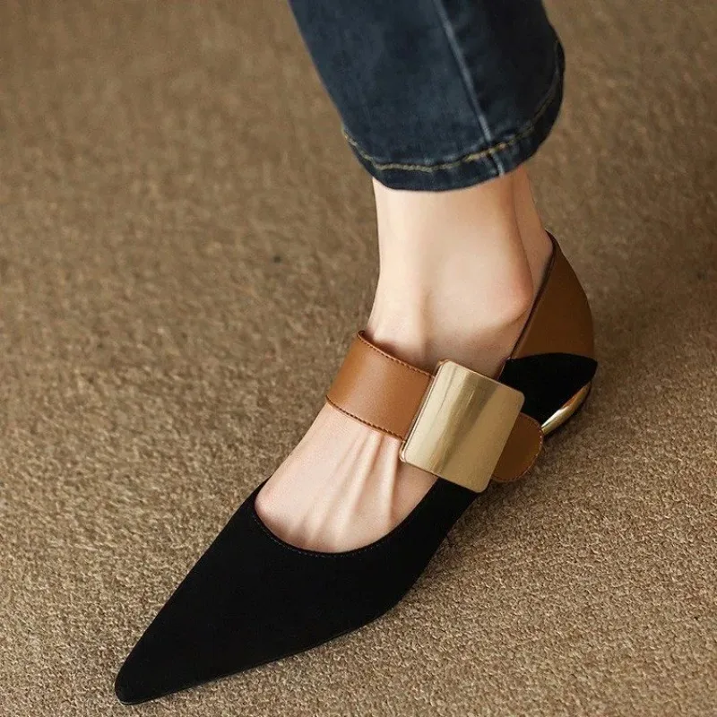 Women Nature Suede High Thick Heels SmallHut New Spring Black Apricot Square Toe Pumps Elegant Lady Metal Decoration Shoes