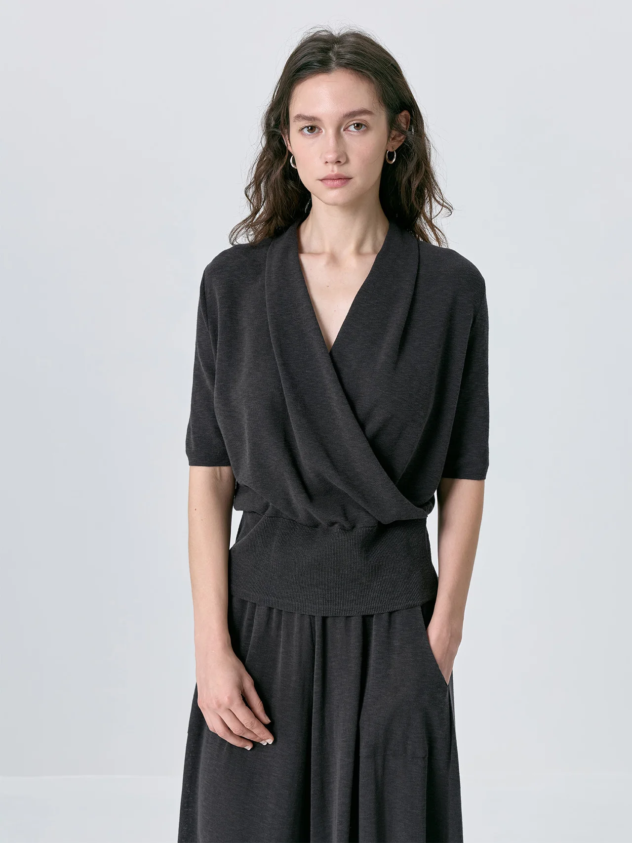 

Linen Cotton Short Sleeve Knitted Top Women Loose Fit V-Neck Cross Waist Slimming Five-Quarter Sleeve Casual Breathable
