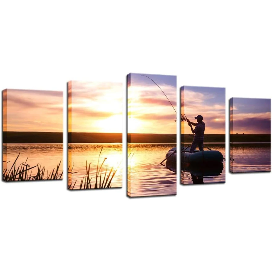 5 Panel Wall Art Man Fishing diamond Painting Artwork Peaceful Lake Scenery diamond embroidery Fishing enthusiasts decor gift