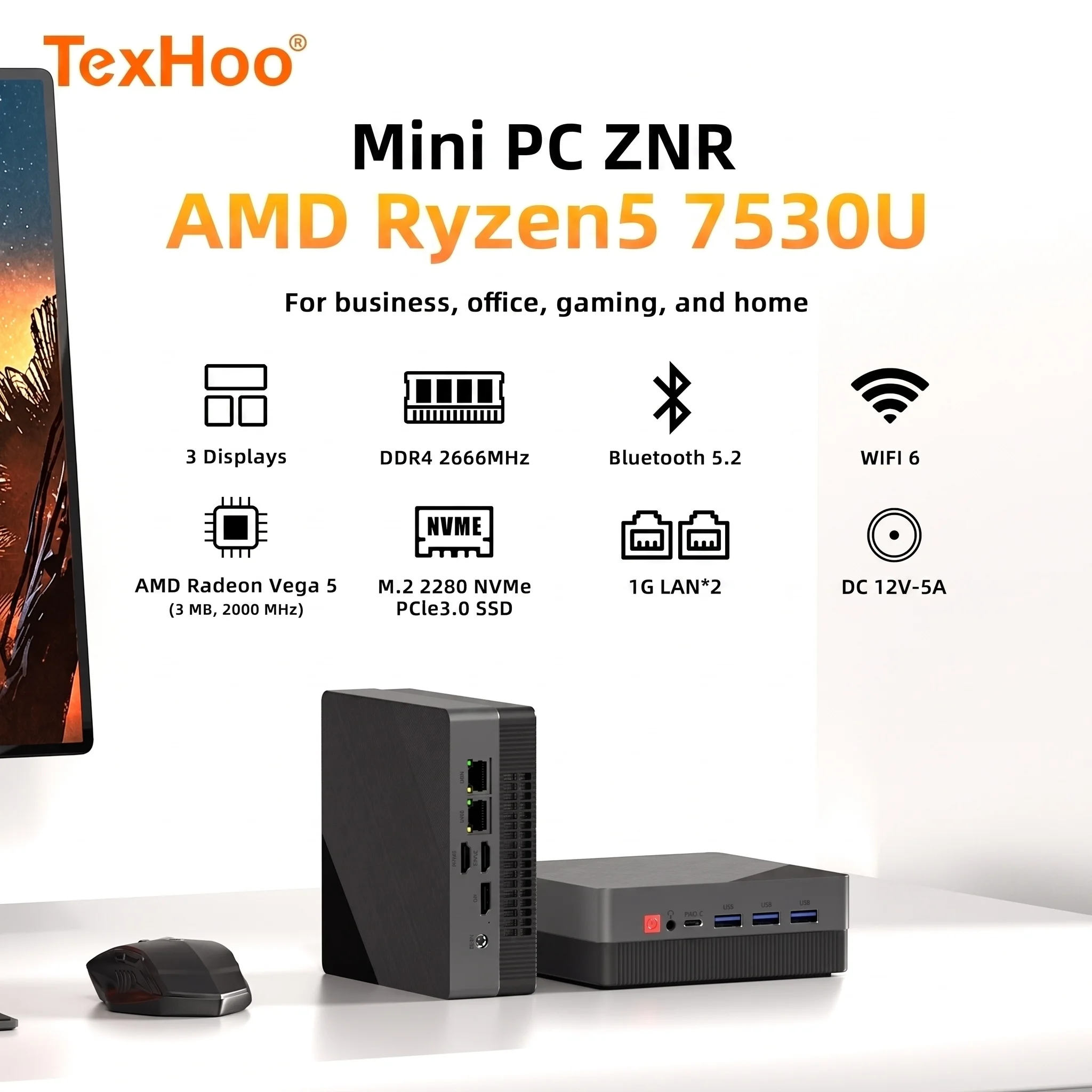 Texhoo MINI PC AMD Ryzen5 7530U 16G DDR4 2666MHz 512G M.2 SSD WIFI6 BT5.2 Dual LAN HDMI*2 4k@60HZ Display Desktop Mini Computers