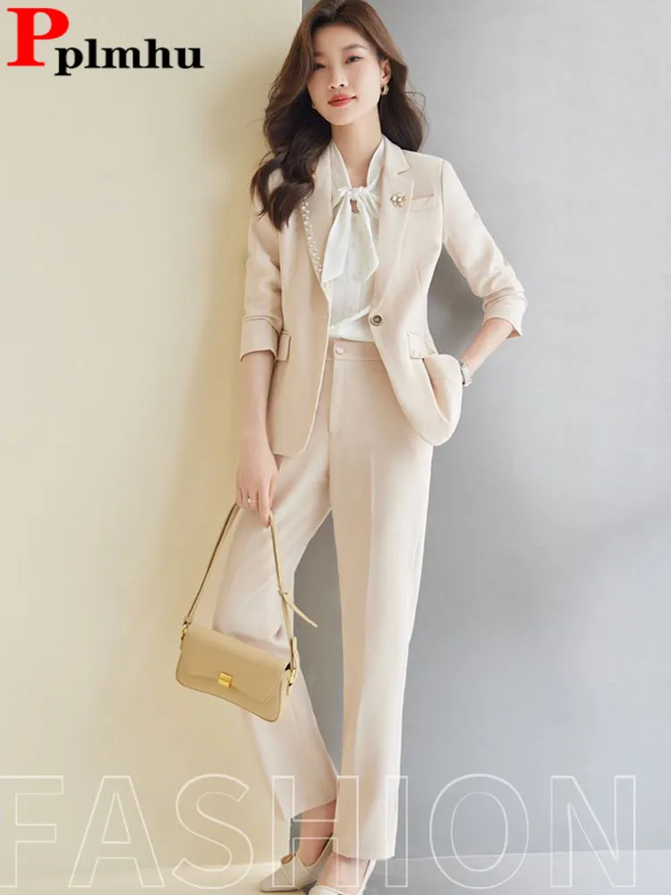 Women Office Suit 2 Pieces Sets Elegant Chic Design Ol Slim Long Sleeve Coats Tops Korean Formal High Waist Straight Pants 2024