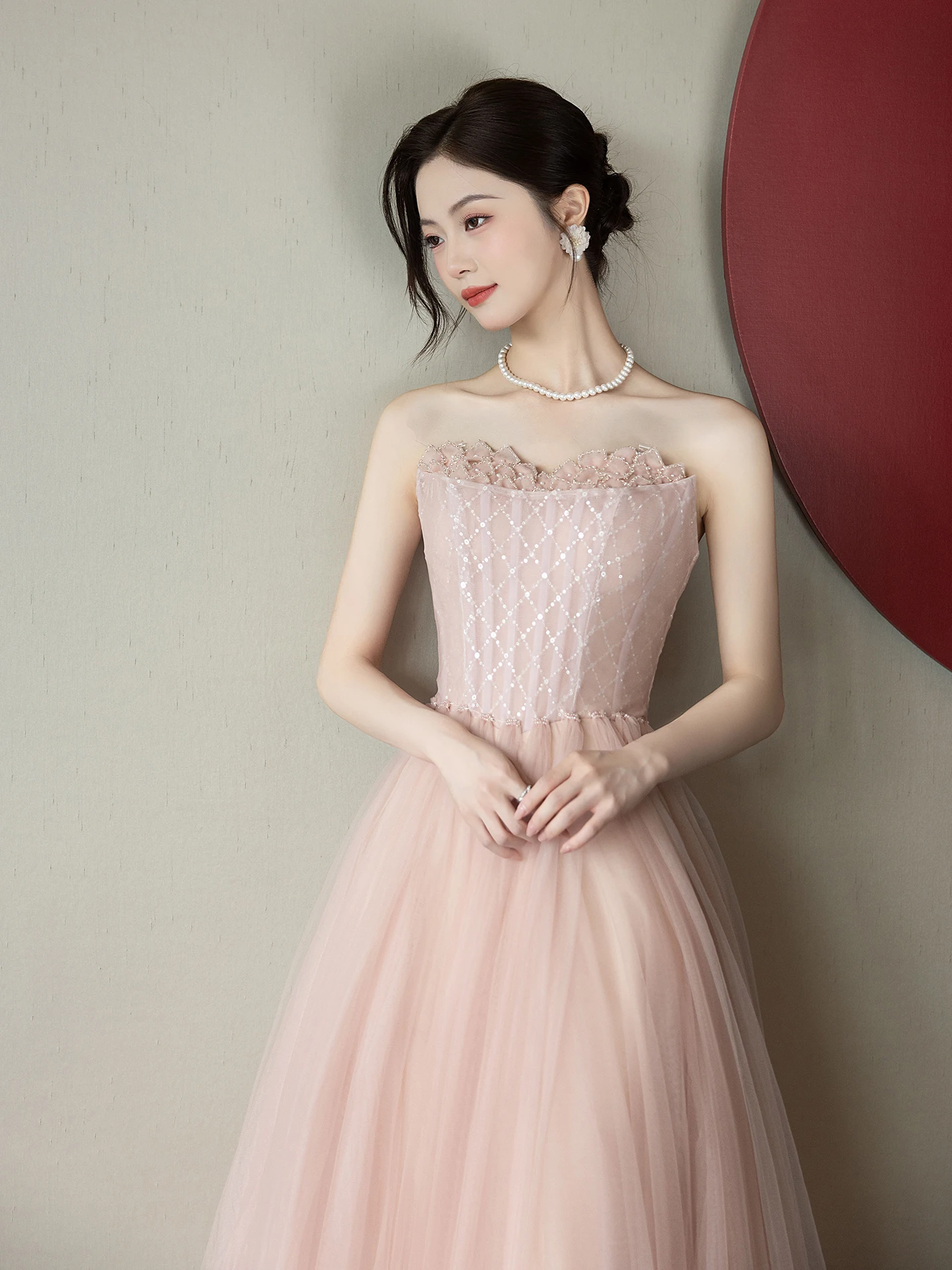 L&P DQL Studio Blush Avondjurk Sweetheart Lace-up Pleats Tule Feestjurk Galajurken Kralen op Top