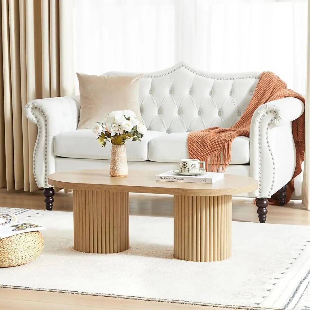 

Boho Chic Oval Coffee Table with Fluted Legs, Natural Wood for Small Spaces & Modern Living Rooms