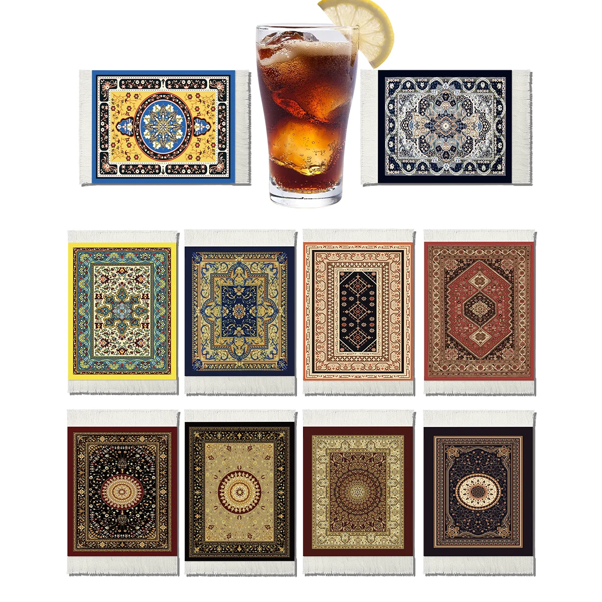 

Set of 10 Oriental-inspired Fabric Coasters | Elegant Vintage Design, Table Drink Tray, Dimensions 13cm x 9cm, Coffee Coasters