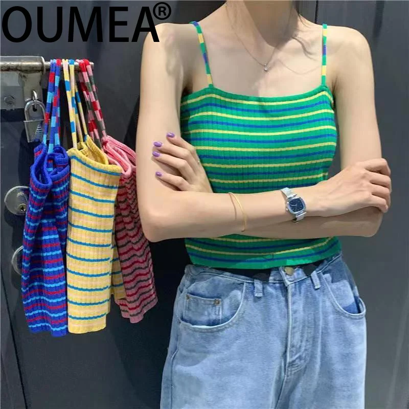 OUMEA Women Knitting Camisole Summer Rainbow Stripe Cute Crop Tops Beach Style Casual Tops