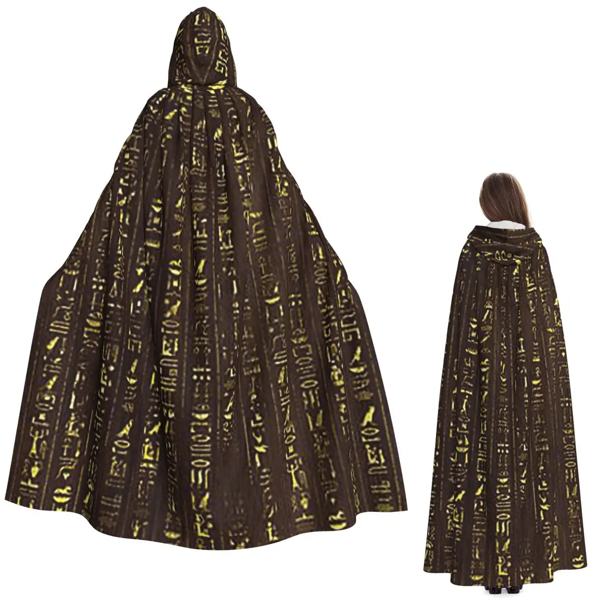 

Golden Egyptian And Hieroglyphics On Wood Long Hooded Cloak Witch Medieval Costume Cosplay Cape HalloweenVampire Adult Unisex