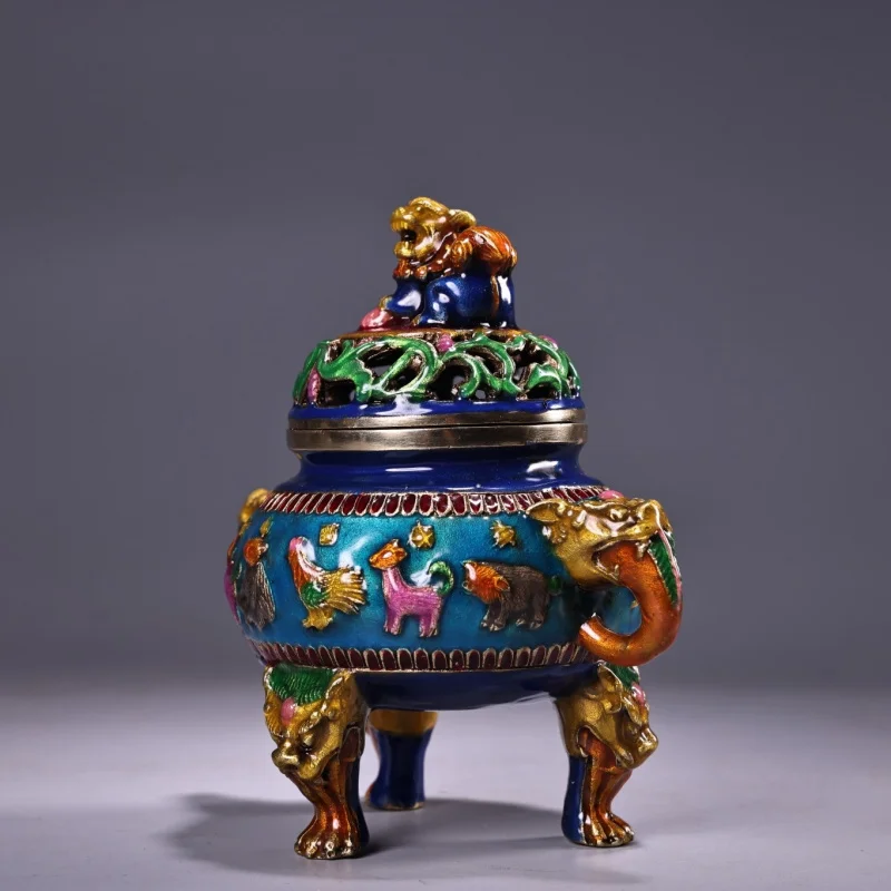 Copper-inlaid cloisonné incense burner featuring the twelve zodiac animals, home office decoration gift and craft item