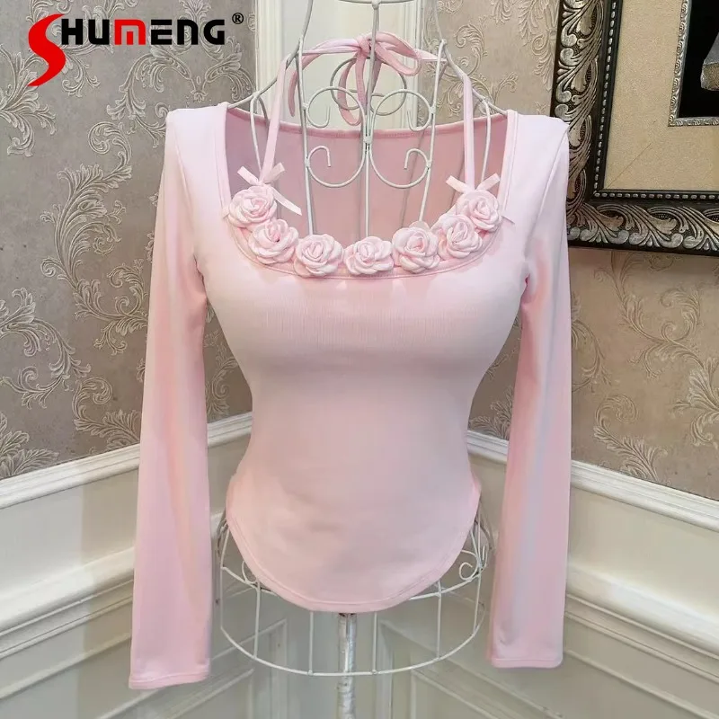 

Japanese Sweet Girl Three-dimensional Flower Bow Slim And Thin Neck Short T-shirt Fake Two-piece Top Pullovers Y2k Accessories