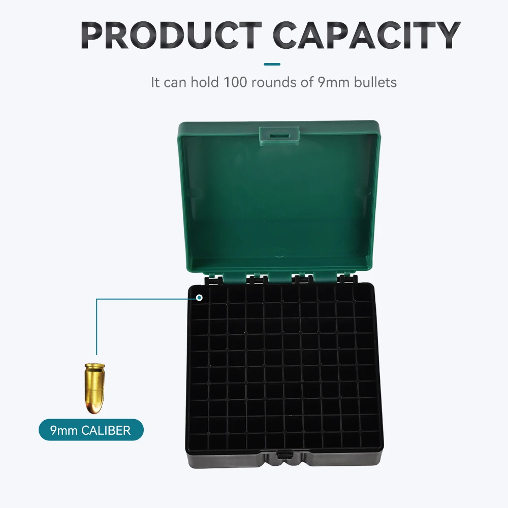 100 Rounds Tactical Ammo Box 9mm Pistol Rifle Ammo Bullet Carry Storage Box Flip-Top Cartridge Storage Case Hunting Accessory