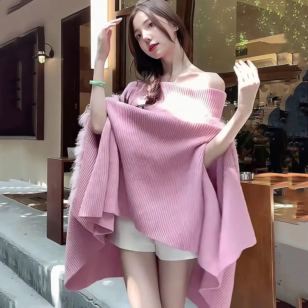 2024 Spring Fairy Knit Ponchos Temperament Elegant Solid Sweater Shawl Coat Femme Korean Chic Cloak Feathers Off Shoulder Capes