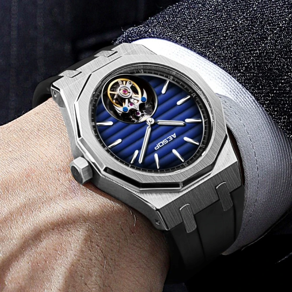 AESOP 2024 Real Flying Tourbillon Mechanical Skeleton Watch For Man Luxury Waterproof Wristwatches Sapphire Mirror Gradient 7057