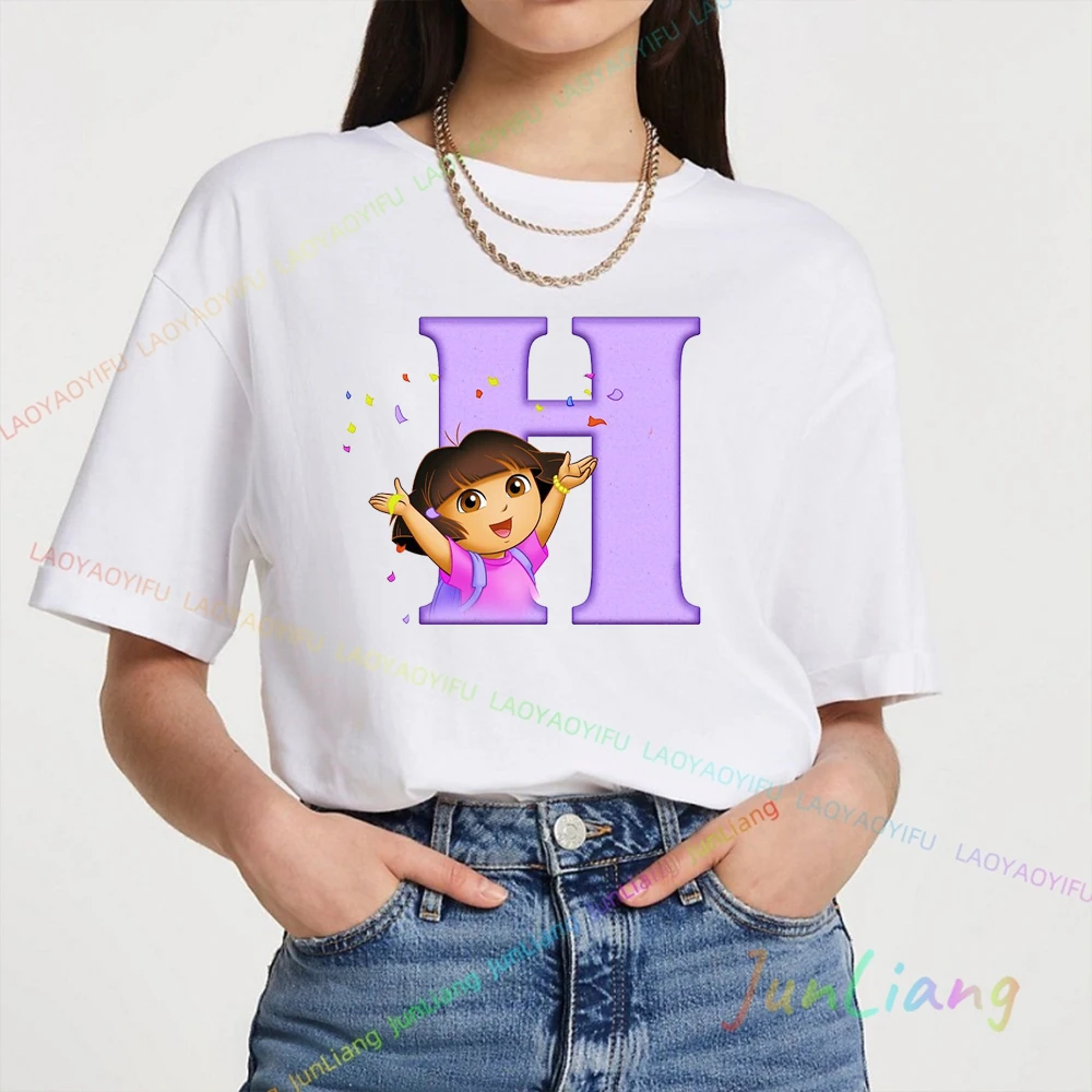 دورا المستكشف لطيف Harajuku الكرتون نمط تي شيرت للجنسين النساء الرجال بلايز رسالة عدد الطباعة الجرافيك ملابس علوية من القطن #2