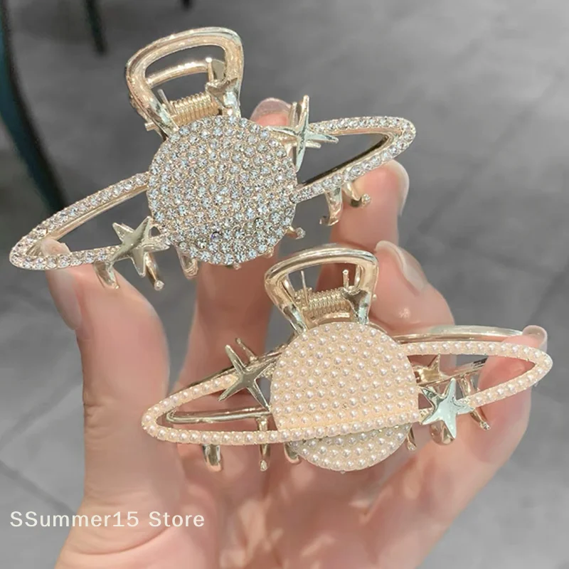 Pince à cheveux élégante en perles et strass, motif planète, pour femmes et filles, pince requin polyvalente, accessoires de coiffure raffinés, cadeau