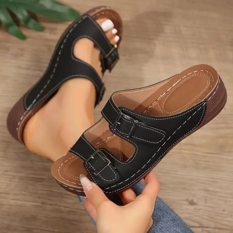 

Women Closed Toe Summer Shoes 2024 New Comfort Double Buckle Wedge Ladies Sandals Plus Size 42 43 Platform Casual Slippers Women