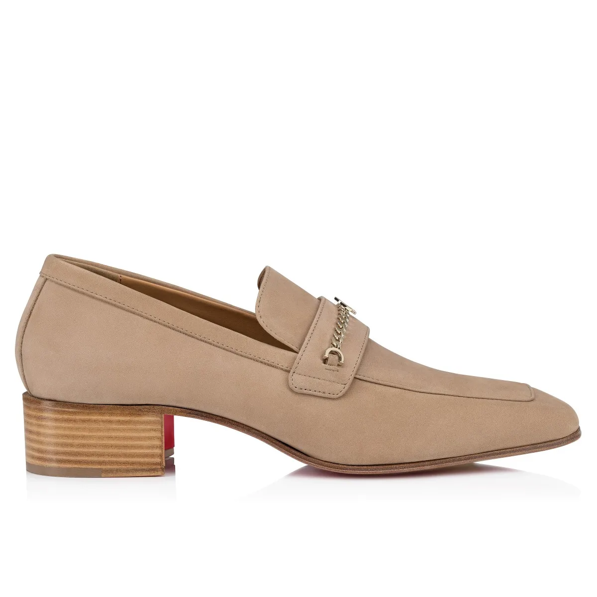 

Metal Chain Decorate Leather Men’s Loafers Square Toe Red Sole Business Suit Single Shoes Male Chunky Mid Heels Office Career