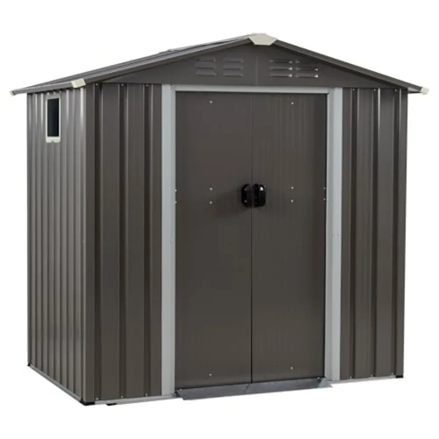 Outdoor storage shed for garden, patio, lawn; weather-resistant steel construction; gray finish; waterproof, lockable double do