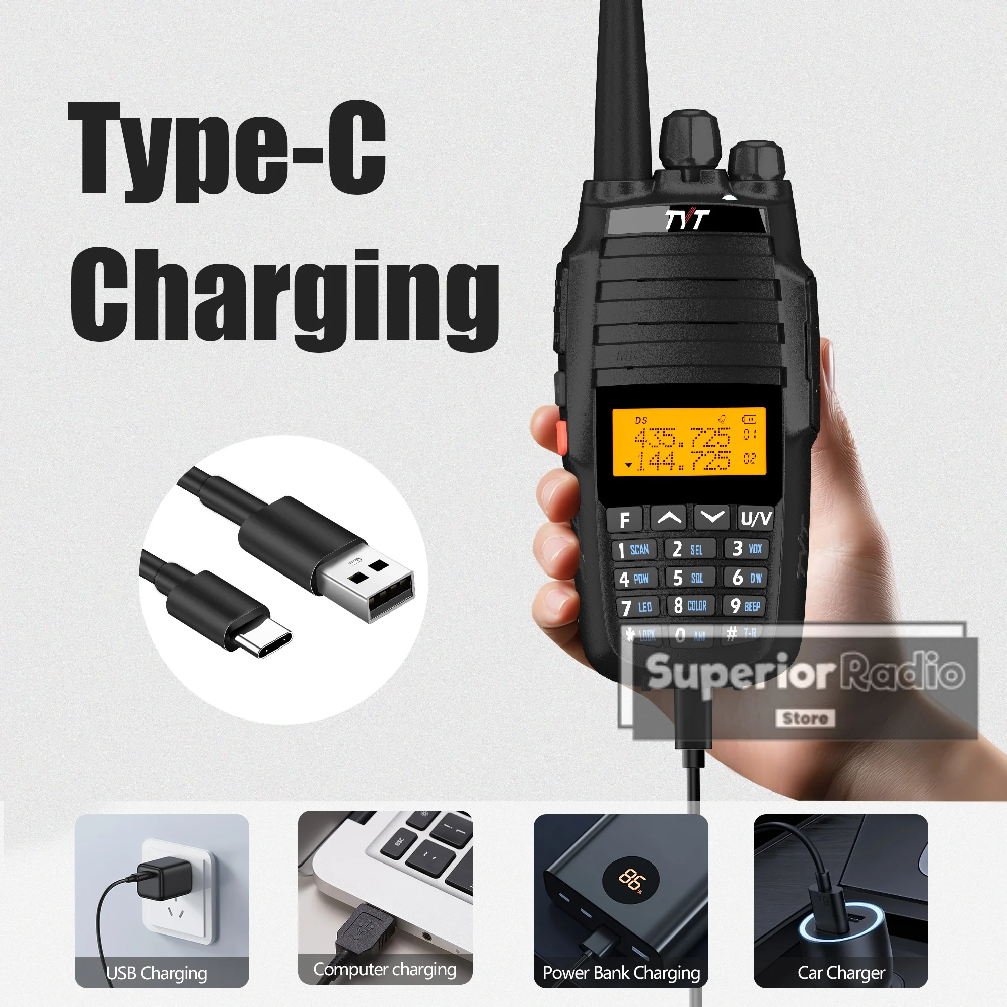 TYT TH-UV8000D Walkie Talkie Type-C Charging 3600mAh 10W Dual Band Cross Band Reapeater 128 Channel FM Amateur Two Way Ham Radio