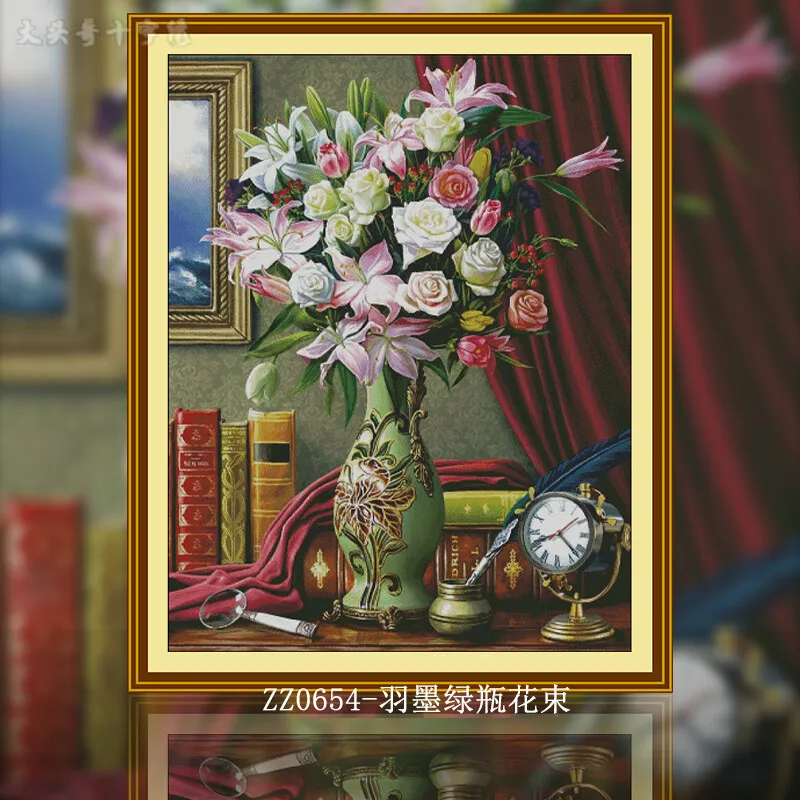 [ZZ0654-Feather Ink Green Vase Bouquet] DIY Stamped Cross Stitch Kit 14CT 16CT, Cotton Threads, Needlework Project