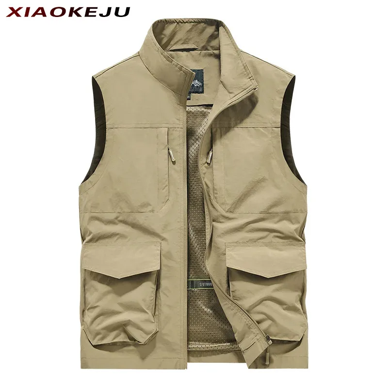 

Summer Vest Standing Multi-pocket Collar Workwear Men's Hiking Quick Drying Fishing Jacket Vests Large Size Photography Tactical