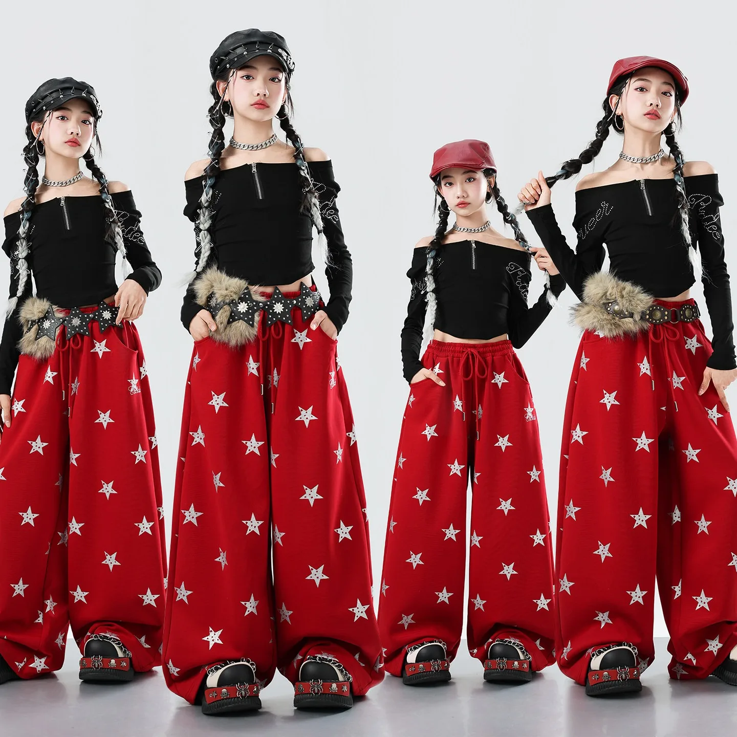 

Korean Kpop Jazz Dance Costume Girls Long Sleeves Tops Red Hip Hop Pants Modern Dance Performance Clothes Stage Outfits BL18413