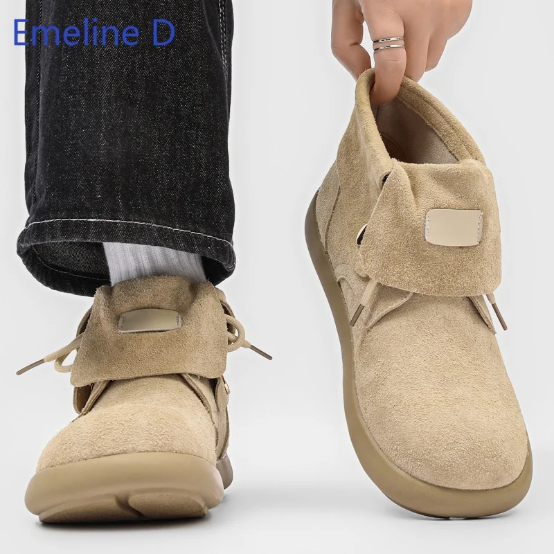 Men Retro Suede Short Boots Round Toe Foldable Flap Decor Drawstring Adjustment Thick Cushioned Casual Daily Comfort Shoes