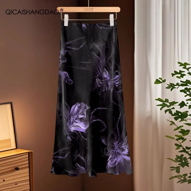 กระโปรงทรงดินสอผ้าซาตินสำหรับผู้หญิง สีม่วงลายดอกไม้ เอวยางยืด ความยาวปานกลาง เหมาะสำหรับฤดูใบไม้ผลิและฤดูใบไม้ร่วง
