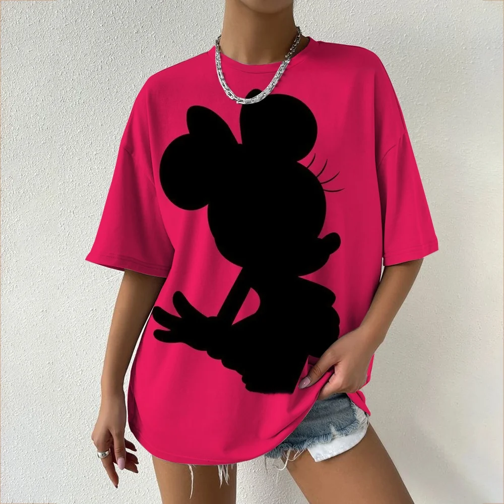 T-shirt a tema Disney Minnie Cartoon Series T-shirt Sweet Cool Street Summer T-shirt oversize da donna per adulti e bambini
