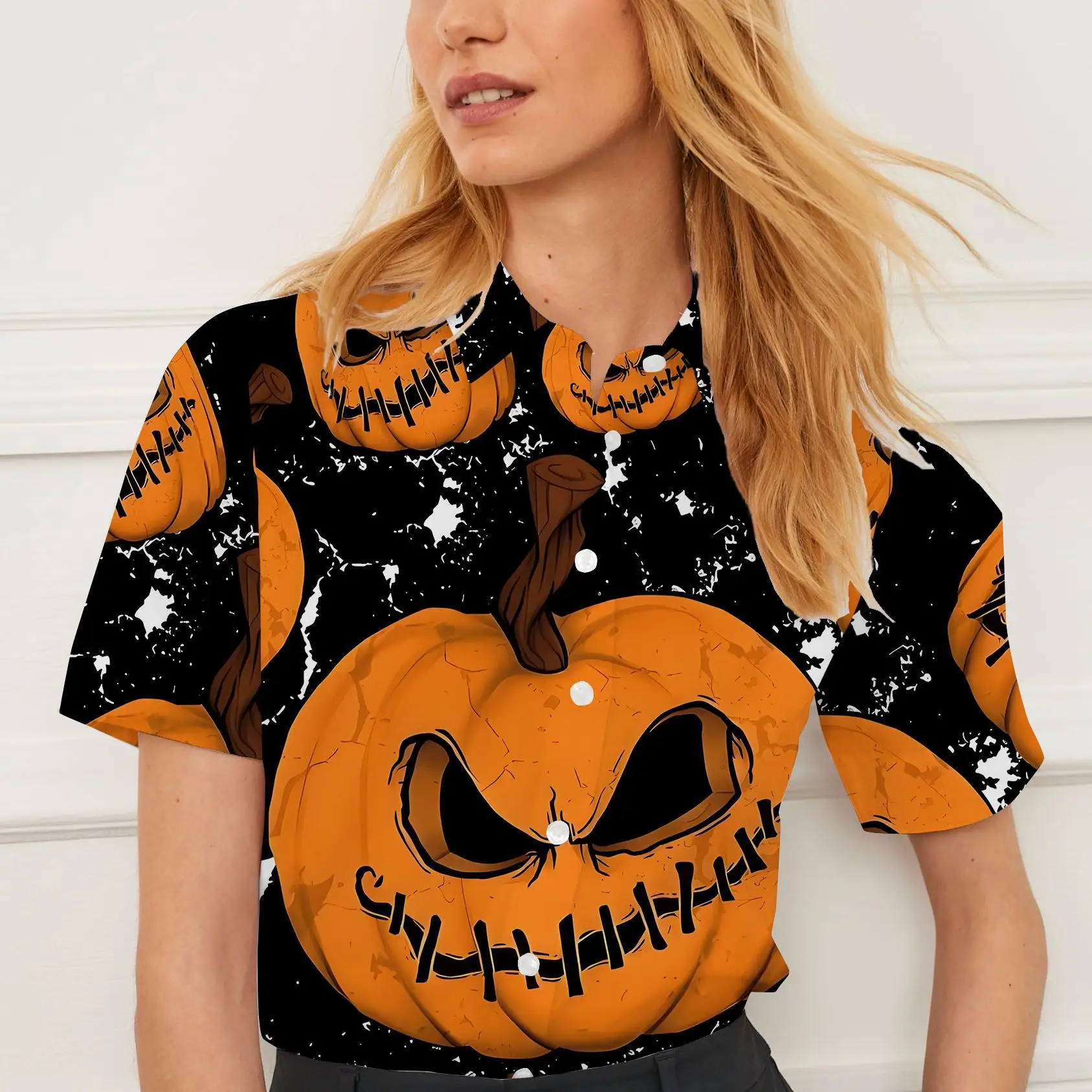 Summer women's shirt casual short sleeve lapel Christmas pumpkin pattern print women's top personality fashion women's clothing