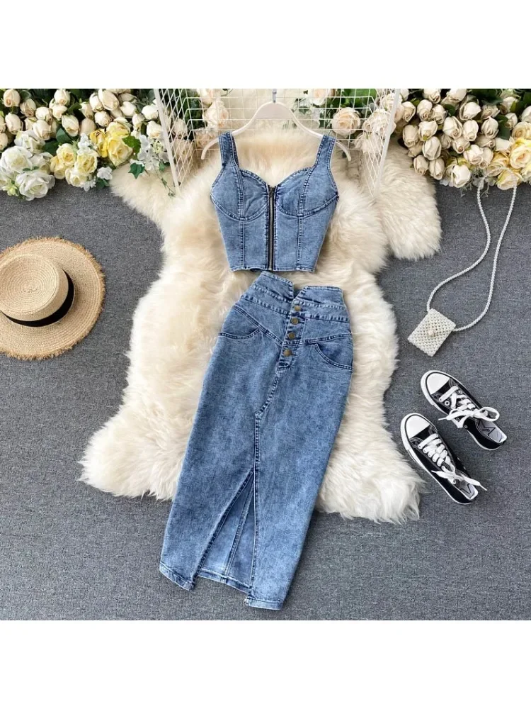 Denim Skirt Set Women Sexy Camisole Tops + High Waist Denim Pencil Skirt 2Pcs Suit Fashion Female Summer Slim Bodycon Suits