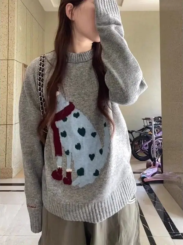 Women Round Neck Cartoon Figure Heart Print Loose Long Sleeve Knit Sweater