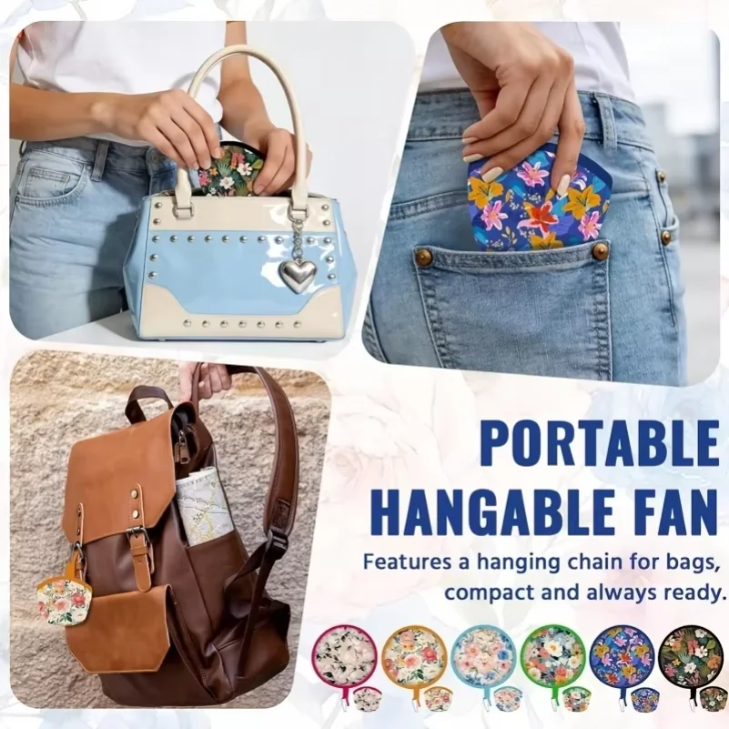 Fruit & Japanese Oil Painting Style Foldable Handheld Fan Mini Round Pocket Cooling Fan For Summer Daily Outdoor Travel Party